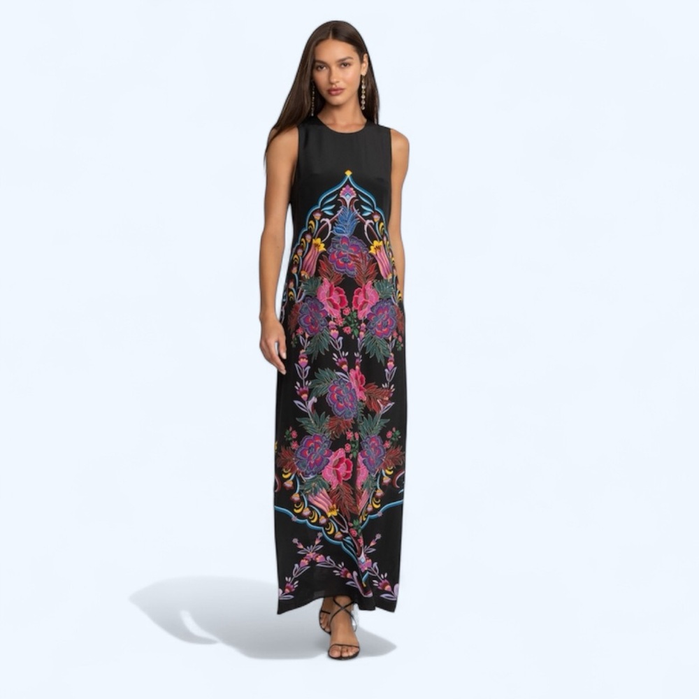 JADE BY JOHNNY WAS TATIANNA BLACK  KALEIDOSCOPE SILK MAXI DRESS SIZE S - Picture 9 of 11